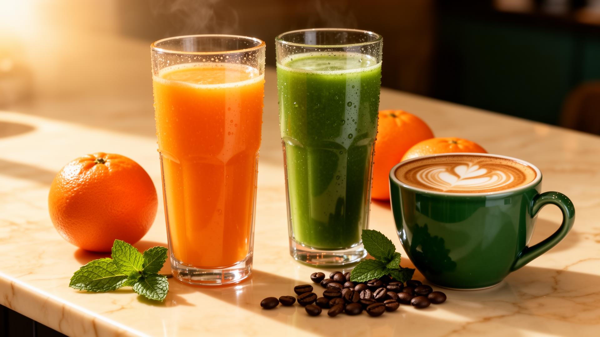 Freshly pressed orange juice, green smoothie and a latte with art on a warm marble counter